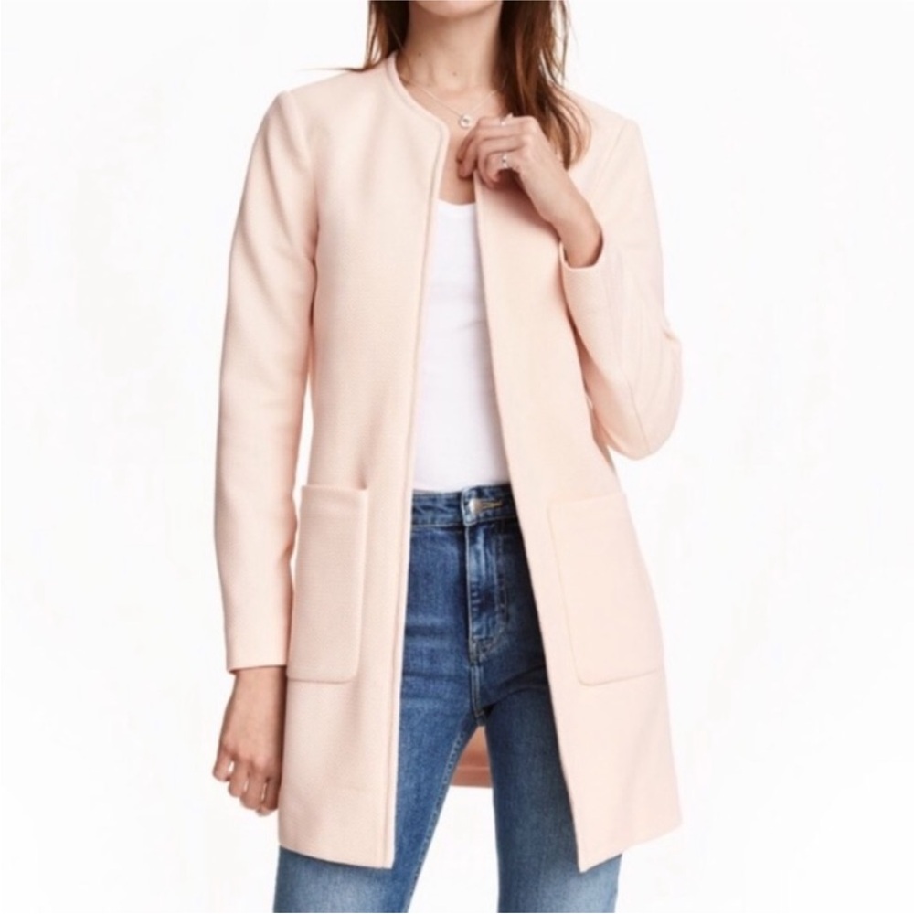 H&M Pale Pink Textured Open Front Longline Jacket Clean Collarless Size 10